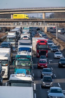 Traffic jam on the A3 motorway, at the Köln-Ost junction, heading south, four lanes jammed with