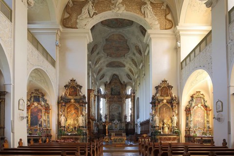 Magnificent baroque monastery church of St. Trudpert, paintings, decorations, frescoes, wall