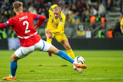 WROCLAW, POLAND - OCTOBER 14, 2024: UEFA Nations League match Ukraine - Czechia. In action Mykhailo