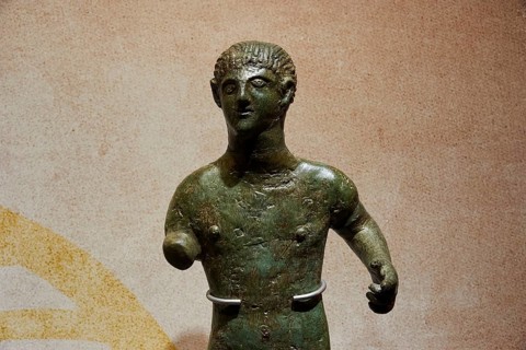 Diocouroi or athlete, bronze male statue, damaged, with historical flair, Pylos Archaeological