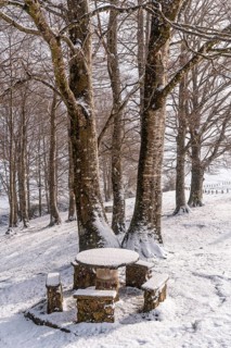 Snowy sunrise at the picnic area next to the refuge of Mount Aizkorri in Gipuzkoa. Snowy landscape