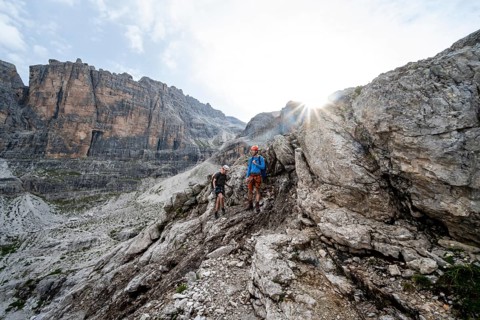 Two mountaineers in rocky mountain landscape, Via Ferrata SOSAT via Ferrata, Sun Star, Brenta