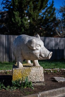 Sculpture of a pig, hewn from Suevit also Schwabenstein, is reminiscent of a famous local legend,