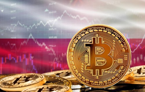 Investors in cryptocurrency and Blockchain Technology in Poland, Concept. Bitcoin with Poland flag