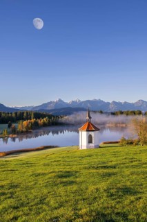Photomontage, chapel at Hegratsrieder See, near Füssen, moon, Allgäu Alps, Allgäu, Bavaria, Germany