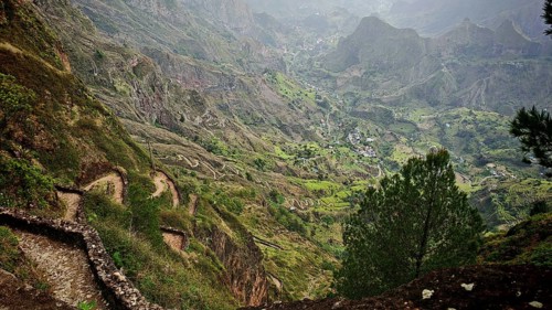 Panoramic, panoramic view of a winding path, hiking trail along a mountain range with green slopes