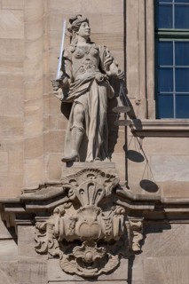 Sculpture of Justitia on the late baroque town hall, built between 1744 and 1747, Ellingen, Middle