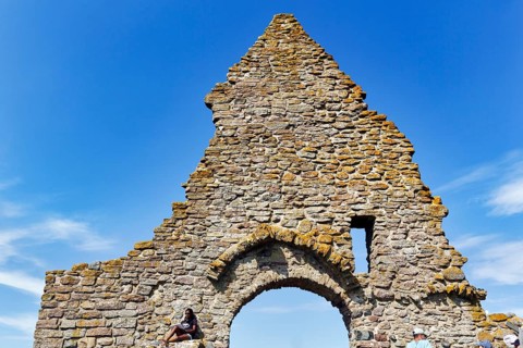 Ruins of St. Bridget's Chapel, Saint Britas Chapel, Middle Ages, tourists enjoy historic atmosphere