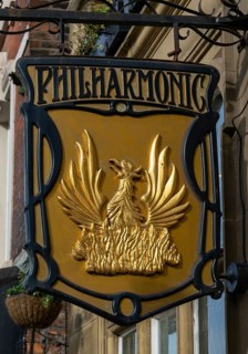 Sign hanging outside the Philharmonic Dining Rooms public house, Hardman Street, Liverpool,