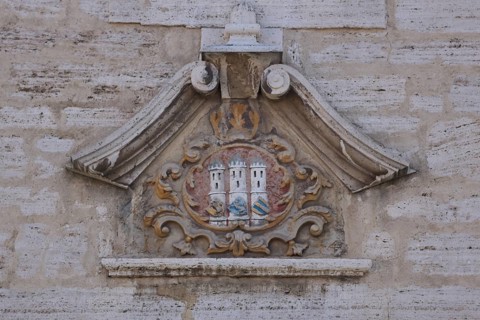City coat of arms with decoration at the town hall, Bad Langensalza, Thuringia, Germany