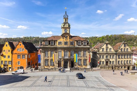 City view of Schwäbisch Hall. Baroque town hall from 1735 on the market square. Schwäbisch Hall,