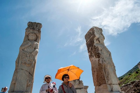 Ephesus, Izmir, Turkey. April 30th 2017 Tourists visiting the ancient ruins of Ephesus in Turkey