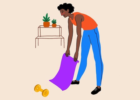 An illustration of a man setting up a purple yoga mat for a home workout. Dressed in a casual tank