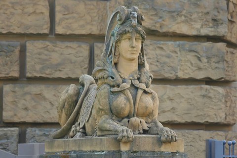 Sphinx in front of the water tower, stone sculpture, Friedrichplatz, Mannheim, Hesse, Germany