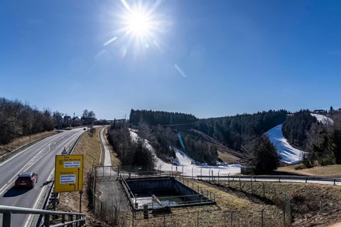 Winter sports area in the Sauerland, Winterberg ski lift carousel, artificial snow slopes,