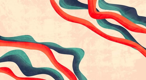 An abstract digital artwork featuring flowing red and green ribbons gracefully curving across a
