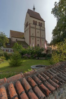 Mittelzell, Reichenau Island, Lake Constance, Cathedral of St Mary and St Mark, garden, stone wall,