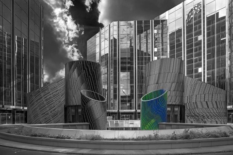 Artwork the mosaic by artist Michel Deverne in front of high-rise office buildings, La Défence,