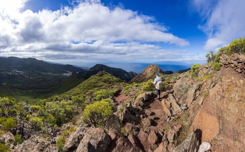 Mountain landscape, mountain hiking, hikers with view to Risco Blanco, El Molledo, Tenerife, Canary