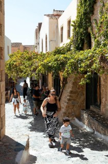 Tourist alley in the Byzantine castle town of Monemvasia, Monemvassia, Monemwassia, Monembasia, in