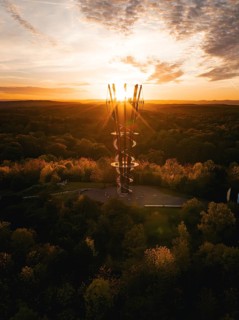 Aerial view of the Schönbuchturm in autumn forest at sunrise, Herrenberg, Germany