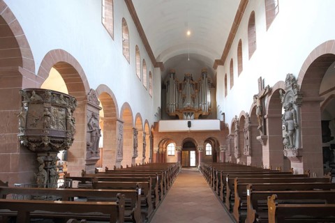Romanesque Abbey Basilica of St. Peter and Alexander, pulpit, organ, interior view, Aschaffenburg,