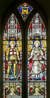 Stained glass window, Saint George and Angel, by Clayton and Bell, Boulge church, Suffolk, England,