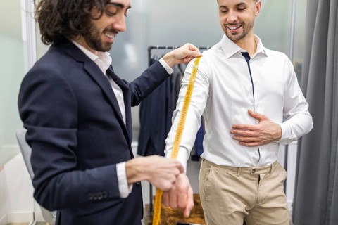 A tailor is measuring a client arm for a custom suit in a suit store. Both are smiling, emphasizing