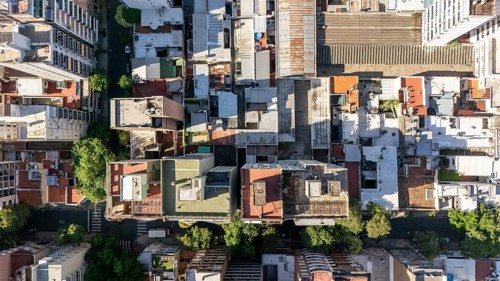 Top view, of the dense layout of Rosario, Argentina. The intricate array of buildings, streets, and