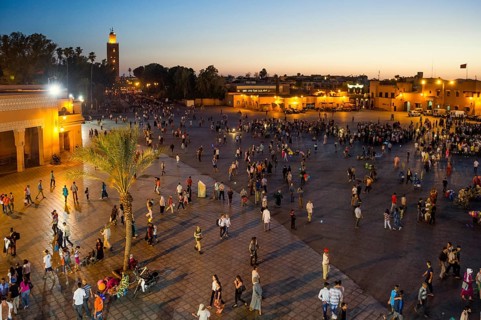 Place Djemma el-Fna, Gauklerplatz, UNESCO World Heritage Site, sunset, Marrakech, Morocco