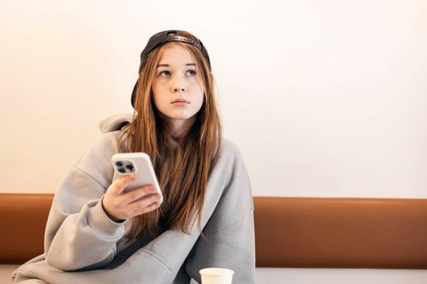 A teenage girl wearing a hoodie and cap is sitting, holding her smartphone. She appears thoughtful