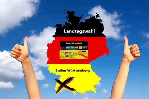 Parliament elections in Baden-Württemberg, thumbs up, confidence, country flag, map of Germany,