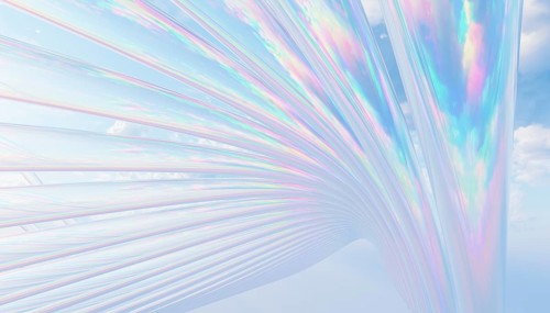 A captivating abstract image features an iridescent wave against a serene blue sky with soft clouds
