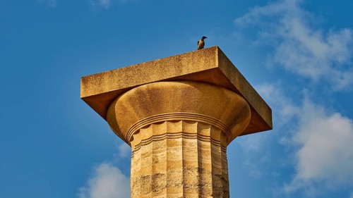 Temple of Zeus, ancient column with a seated bird against a clear sky, archaeological site, Ancient