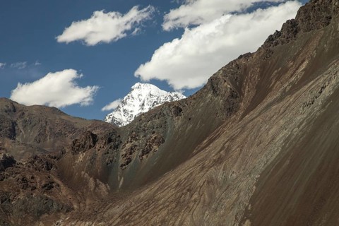 Majestic view of a snow capped mountain peak in Diskit, Nubra Valley, India, set against a backdrop