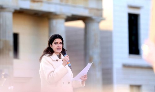 Marie Nasemann speaks at the demonstration Against Sexualized Digital Violence - Solidarity with