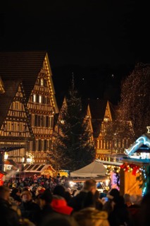 Crowd at a Christmas market in front of illuminated half-timbered houses at night, Christmas market