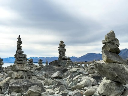 Stacked stone formations in the scenic Canterbury region, showcasing the rugged beauty and