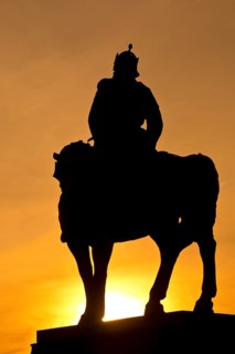 Equestrian statue of Frederick Barbarossa at an atmospheric sunrise, Imperial Palace of Goslar,