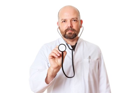 A doctor with a stethoscope, 40 years old, bearded, Bavaria