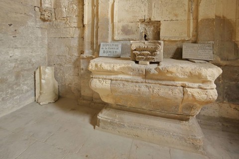 Stone altar in the chapel, Alyscamps, necropolis and ancient Romanesque cemetery, interior view,