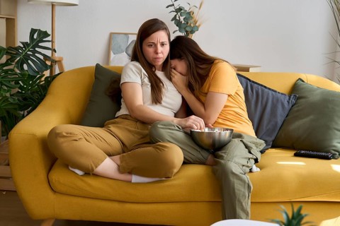 Lesbian couple on a yellow couch watching a movie One looks scared, holding some popcorn, while the