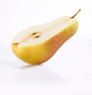 Half of a pear (Pyrus communis) in front of a white background, studio shot