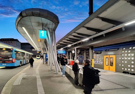 Bus station in the early morning right next to Wuppertal main station, public transport connection,