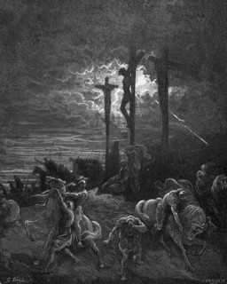 Darkness, Jesus dies, Luke chapter 23, verse 45, crucifixion, ray of light, three crosses, Roman