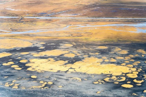 Aerial view capturing Iceland's dramatic riverbank textures, showcasing earthy tones and intricate