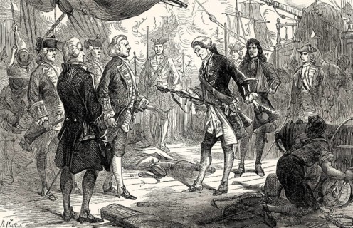 Chevalier de Saint-George of Invincible surrenders his sword to Admiral Anson after the First