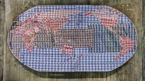 Migration pattern, refugee world map made of plastic bags, FENIX, museum about migration, in a