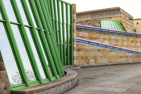 New State Gallery Stuttgart. The extension by James Stirling opened in 1984, the post-modern Neue
