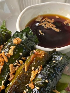 Asian dish, vegan, starter, tofu, king oyster mushrooms, seitan wrapped with betel leaves,